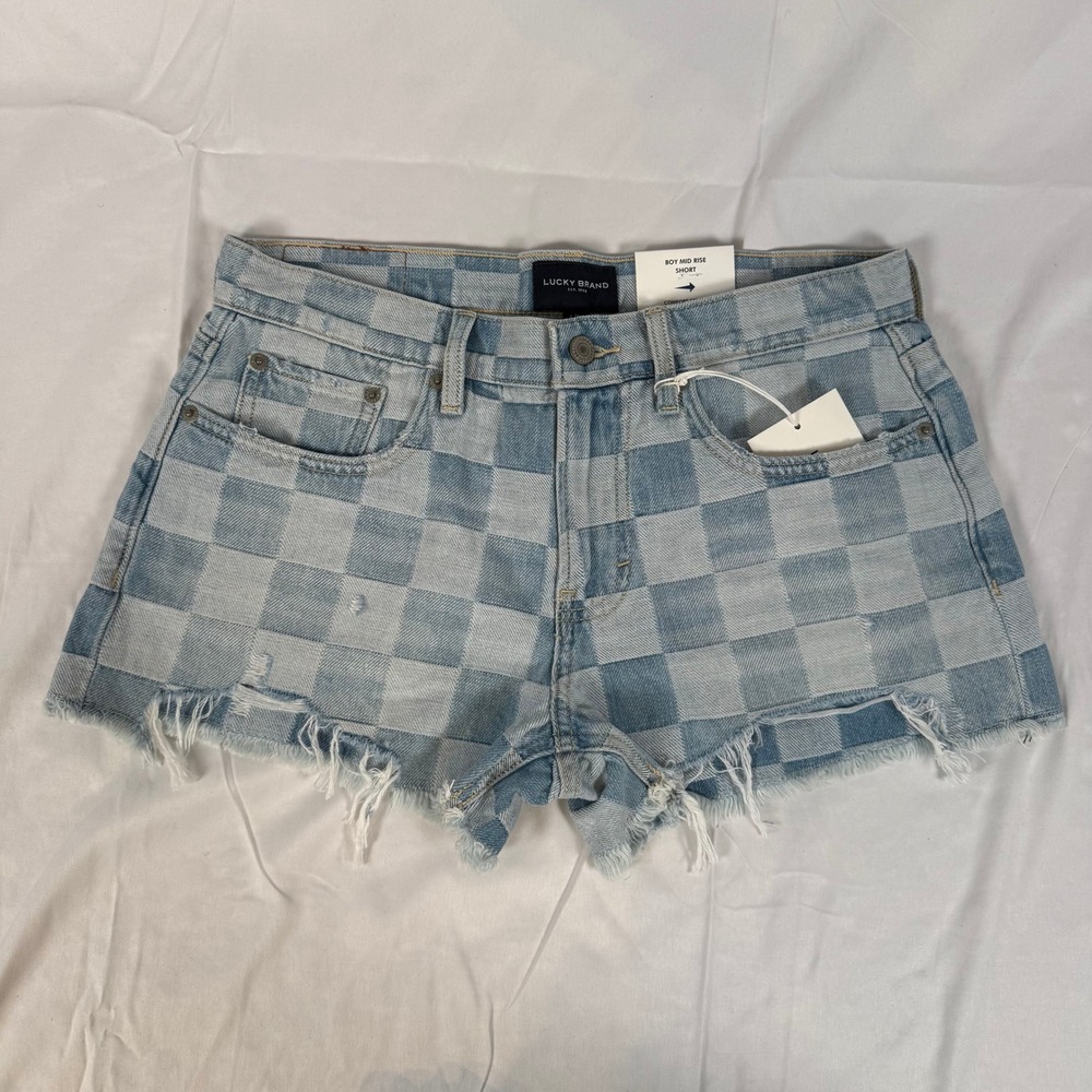 NWT Lucky Brand Mid Rise Blue Checkerboard Denim Jean Distressed Shorts 6/28